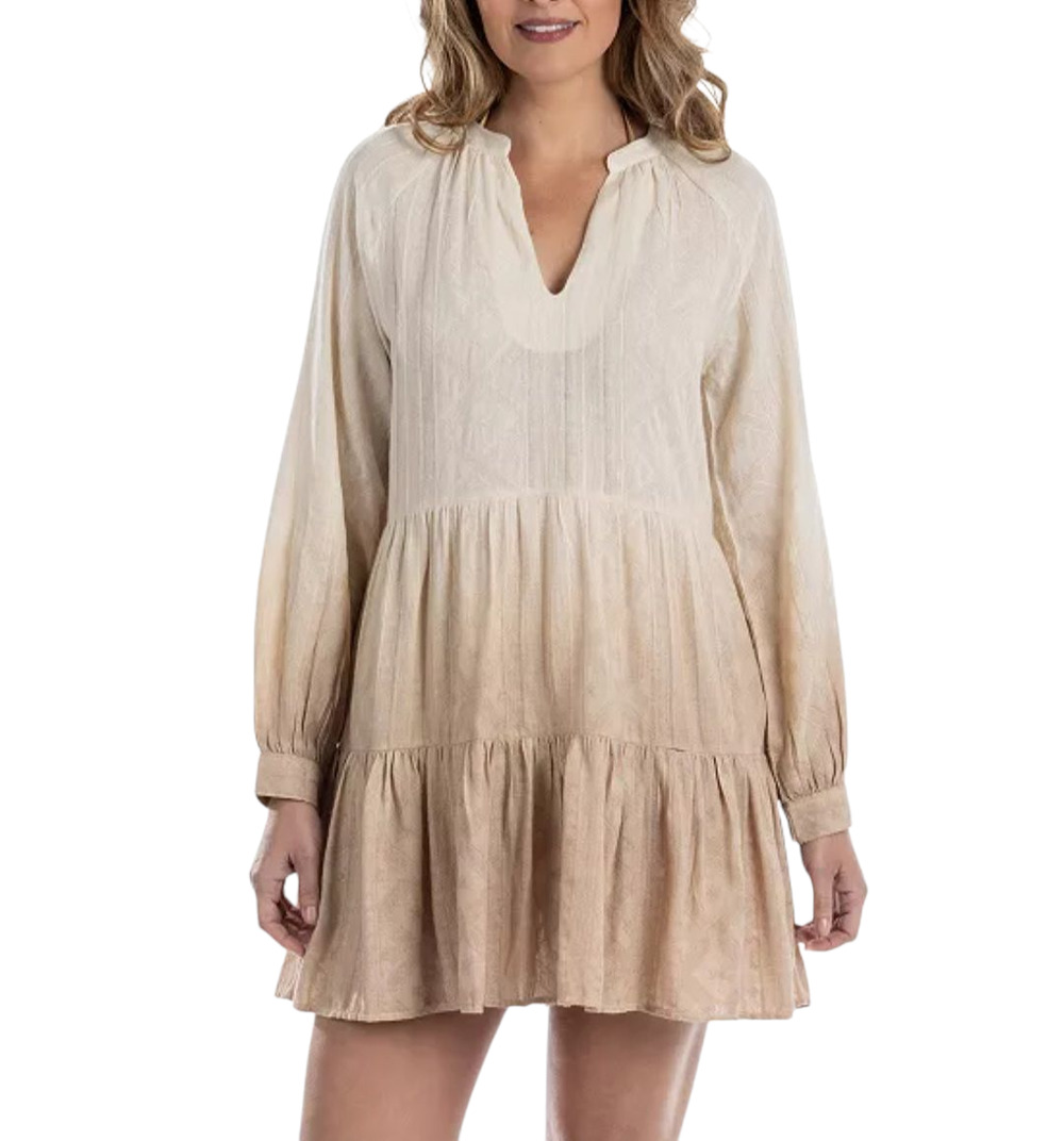 Boho Chic Neutral Ombre Long Sleeve V Neck Tiered Mini Dress Beige Tan Medium